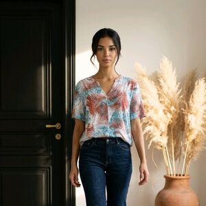 St. John’s Bay Active XL Tropical Print Top Tie Hem Short Sleeve